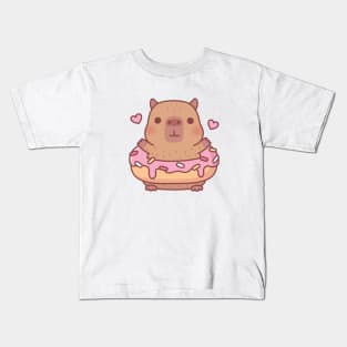 Cute Capybara With Pink Frosting Donut Kids T-Shirt